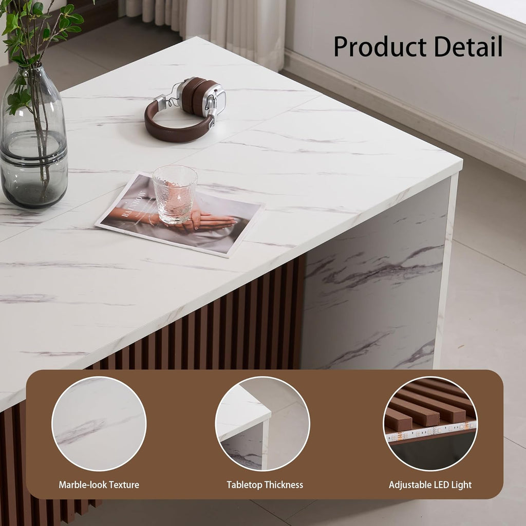 59 Inch Large Imitation Marble Dining Table for 4-6 People, Mordern Marble Stripes Kitchen Dining Table with Grille Design, Island Table with LED Lights for Kitchen Living Room, White