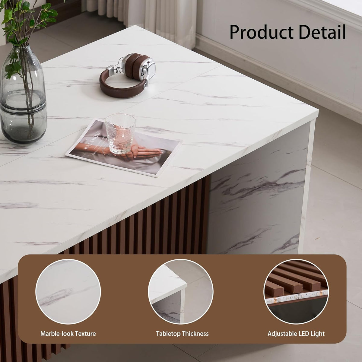 59 Inch Large Imitation Marble Dining Table for 4-6 People, Mordern Marble Stripes Kitchen Dining Table with Grille Design, Island Table with LED Lights for Kitchen Living Room, White