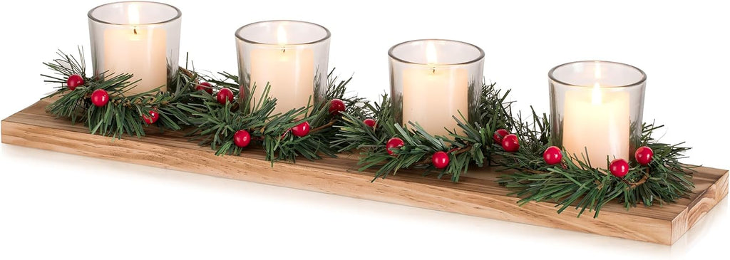 Christmas Candle Holder for Table Centrepiece Decoration: Romadedi Rustic 4 Tealight Holders with Mini Christmas Wreaths Wooden Tray for Xmas Winter Dinner Table Home Decor Gift 16.5 Inches