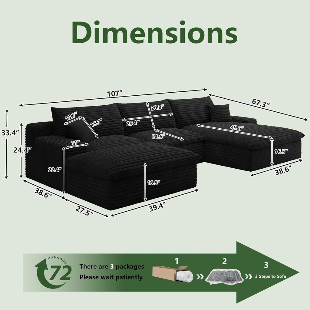 107" Cloud Couch Modular Sectional Sofa for Living Room, U-Shape Couch with Deep Seat, Modern Corduroy 3-Seater with Ottoman, No Assembly Required (Black,Right-Facing Chaise)