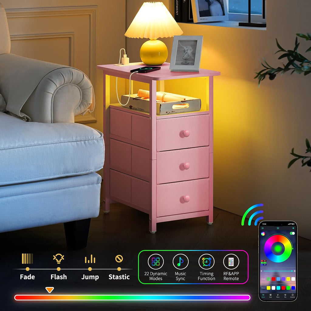 Yoobure End Table with Charging Station, Pink Narrow Nightstand LED Bedside Table, Small Night Stand End Tables Living Room, Skinny Nightstand with 3 Fabric Drawers, Side Table for Small Spaces