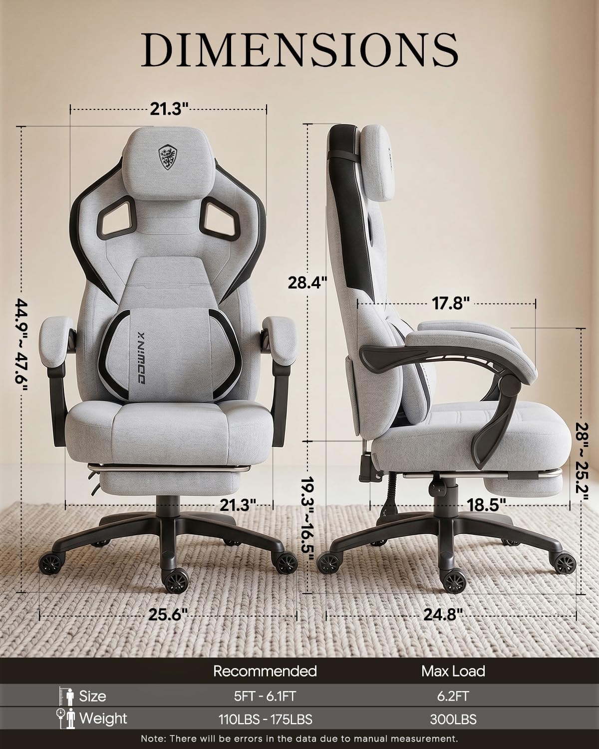 Dowinx Big and Tall Gaming Chair with Footrest, Gray | Breathable woven fabric with lumbar support and extra-wide seat back; big-and-tall frame fits larger, heavier users.