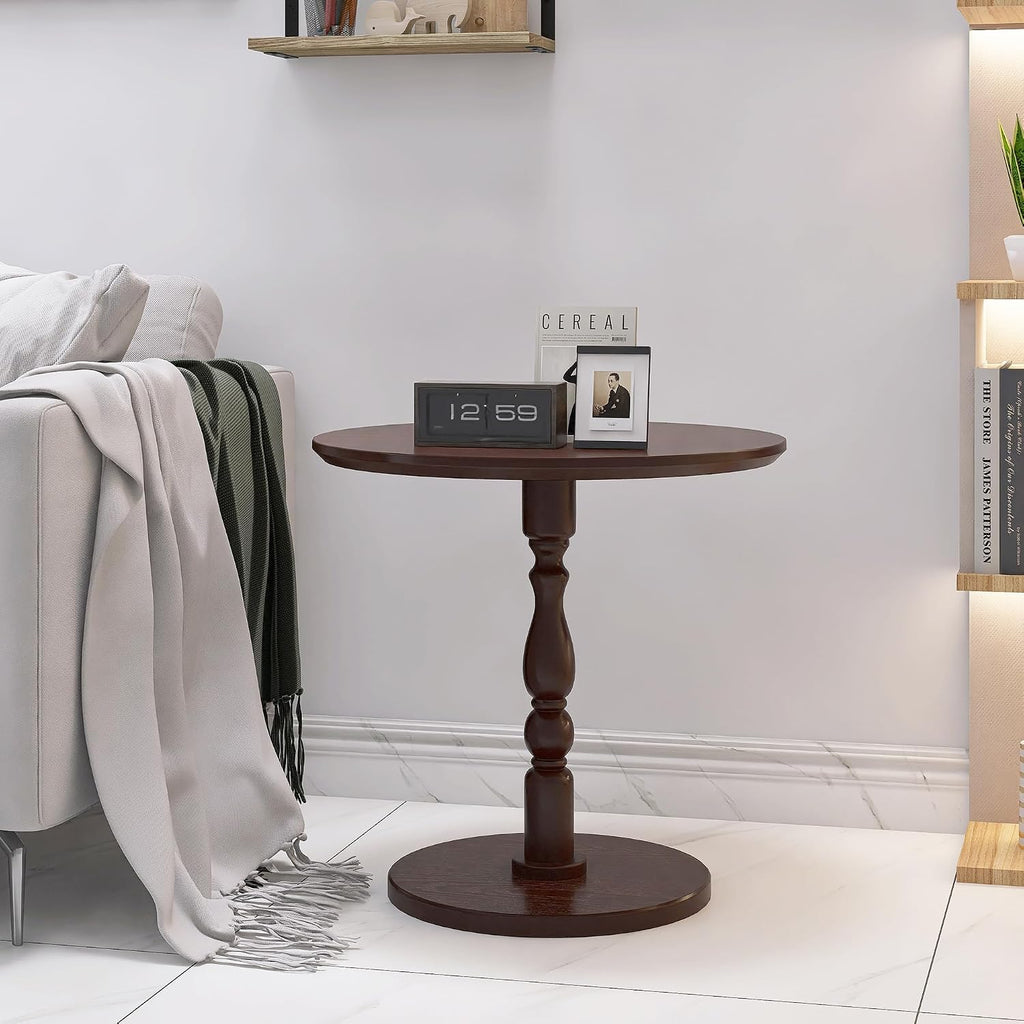 Round Side Table with Pedestal Base, 23.22" Wooden End Table, Coffee Table for Snacks & Drinks Living Room, Bedroom, Balcony (Walnut Dark Brown)