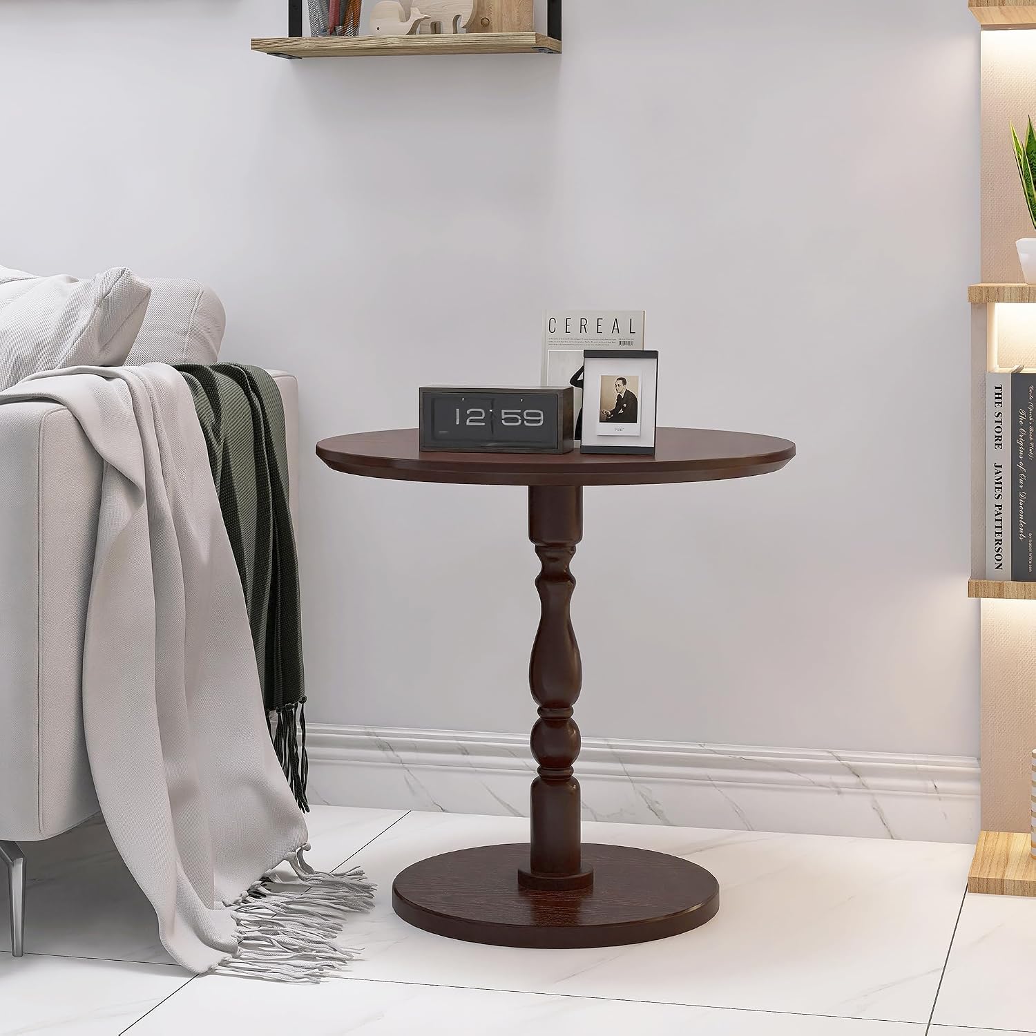 Round Side Table with Pedestal Base, 23.22" Wooden End Table, Coffee Table for Snacks & Drinks Living Room, Bedroom, Balcony (Walnut Dark Brown)