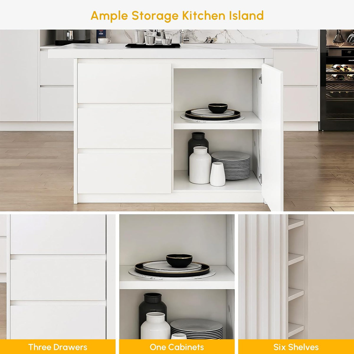 homary Kitchen Island with Storage & Wine Rack, 50" Modern White Kitchen Cabinet with Wood Top, Large Fixed Island with 3 Drawers & 6 Adjustable Shelves