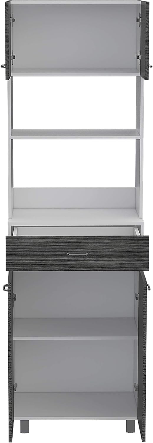 FM FURNITURE Auburn Microwave Pantry with 2 Cabinets, 2 Open Shelves, and Drawer, Smokey Oak/White