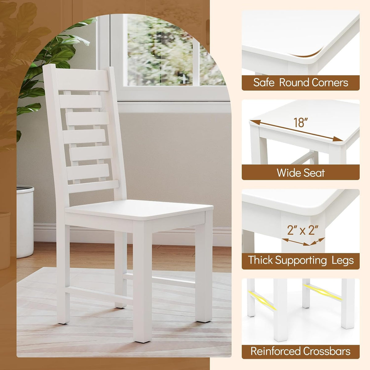 Giantex Wooden Dining Chairs Set of 4, 100% Solid Rubber Wood Kitchen Chair with High & Tilted Backrest, Wide Seat, Mid-Century Modern Side Armless Chairs for Dining Room Living Room, White