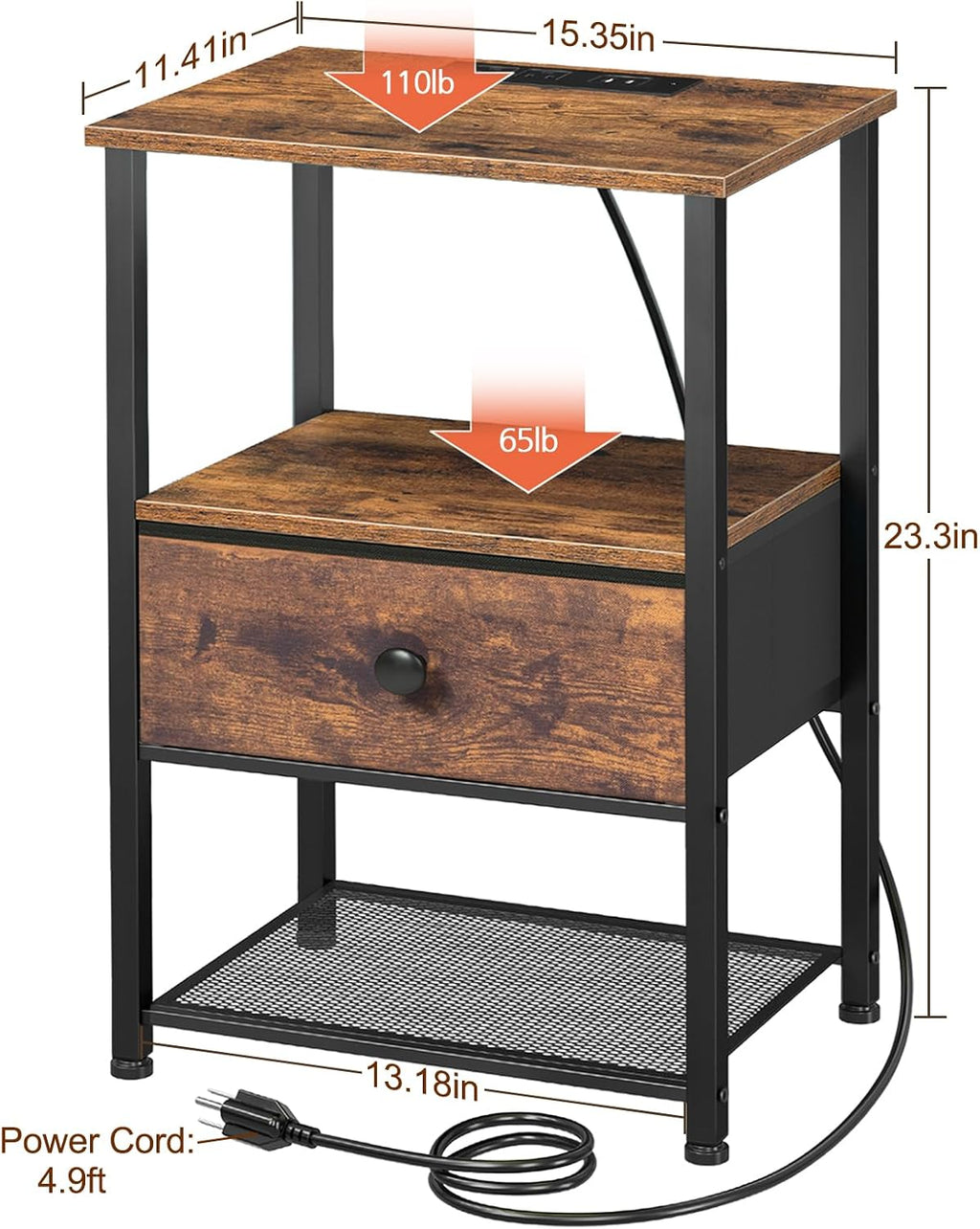 LOAKEKEL Nightstands Set of 2 with Charging Station, Side Tables Bedroom | Night Stand Set 2, End Tables Living Room with Type-C, Fabric Drawer & Open Shelves, Rustic Brown