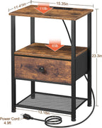 LOAKEKEL Nightstands Set of 2 with Charging Station, Side Tables Bedroom | Night Stand Set 2, End Tables Living Room with Type-C, Fabric Drawer & Open Shelves, Rustic Brown