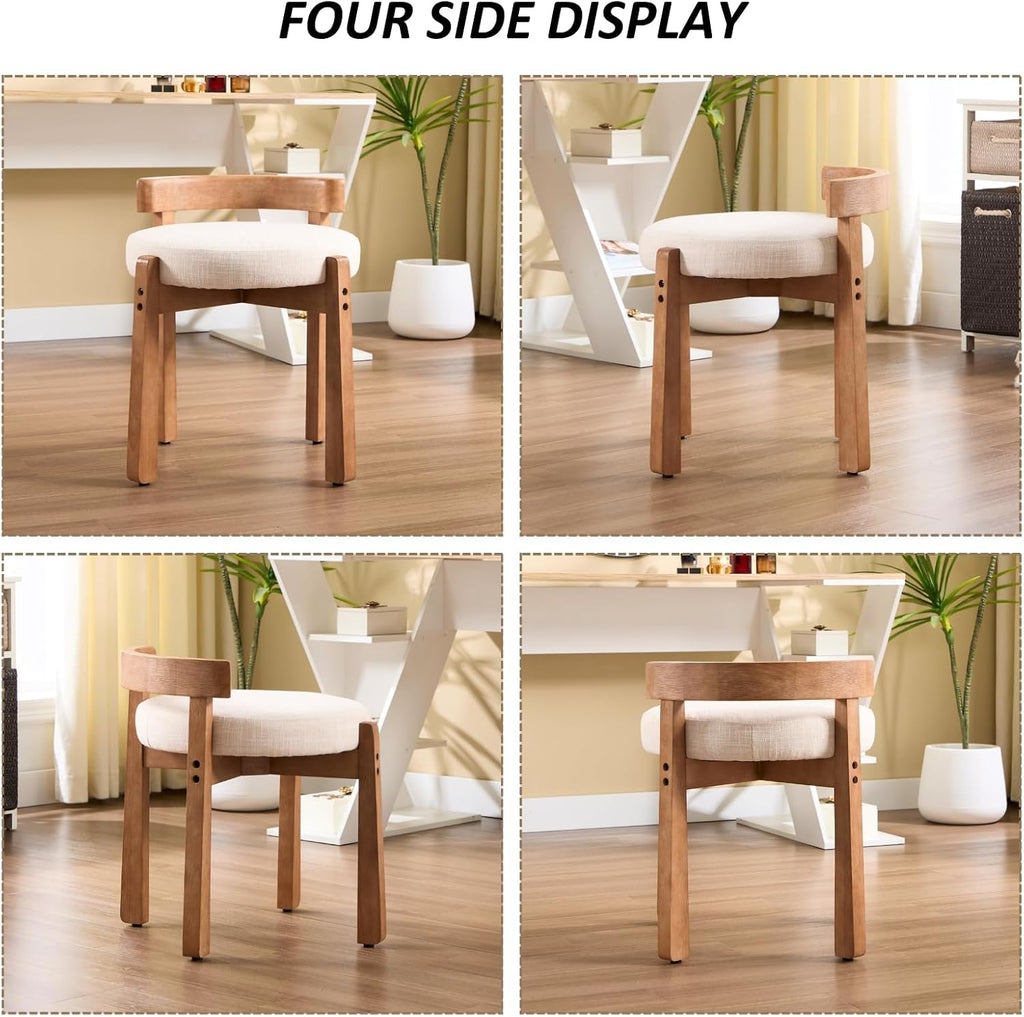 HEAH-YO Wood Vanity Chair with Back, Linen Upholstered Small Ottoman Footstool, Mid-Century Modern Makeup Chair with Solid Wood Legs for Makeup Room Bedroom Living Room, Beige