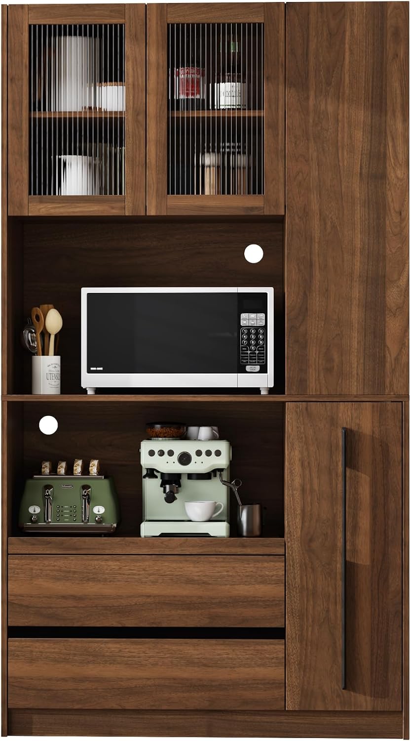 71" Tall Kitchen Pantry Cabinet with Storage, Farmhouse Kitchen Storage Cabinet with 4-Tier Side Shelf & 2 Drawers, Freestanding Cupboard with Glass Door and Microwave Stand for Dining Room, Walnut