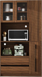 71" Tall Kitchen Pantry Cabinet with Storage, Farmhouse Kitchen Storage Cabinet with 4-Tier Side Shelf & 2 Drawers, Freestanding Cupboard with Glass Door and Microwave Stand for Dining Room, Walnut