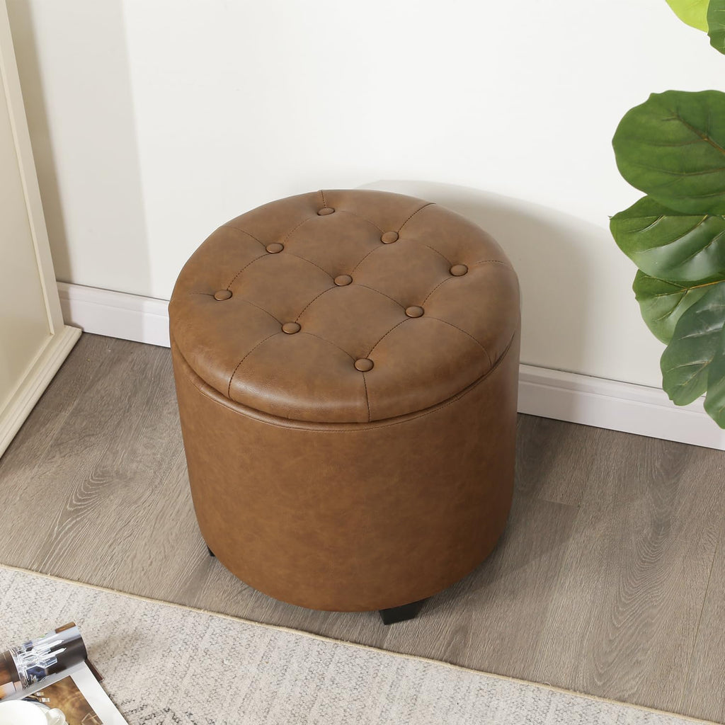 Adeco Brown Upholstered Round Faux Leather Storage Ottoman with Solid Wood Grain Plastic Legs | Tufted Foot Rest Ottoman for Living Room & Bedroom | Decorative Home Furniture