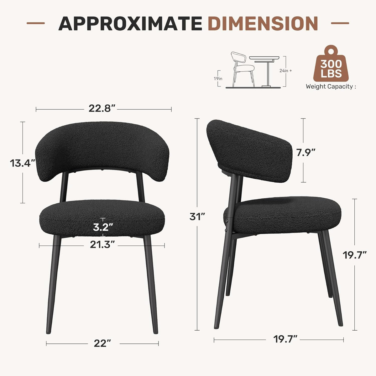 Dining Chairs Set of 4, Mid Century Modern Kitchen Chairs, Boucle Upholstered Dining Chair with Curved Backrest & Metal Legs for Kitchen Dining Room, Black