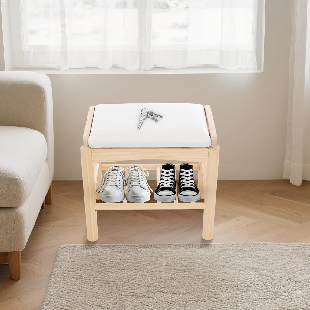 Shoe Bench with Cushion, 2-Tier Bamboo Shoe Rack Bench, Entryway Shoe Storage Organizer with Compartment, Wooden Shoe Storage Bench for Hallway, Living Room, Closet, Bedroom (Burlywood)