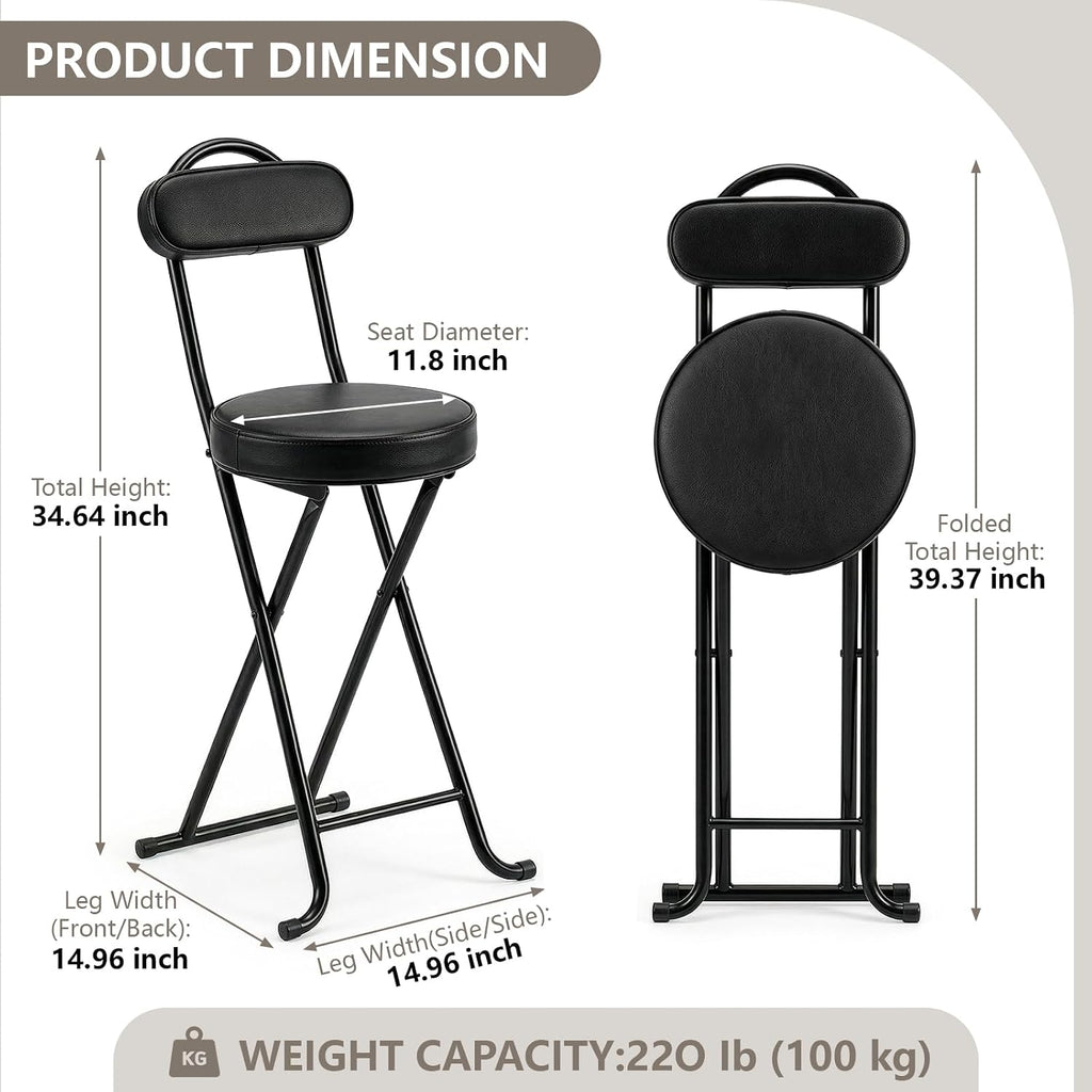 Folding Stool,24 Inch Portable Folding Bar Stool Chair with Backrest,Foldable Collapsible High Stools with Handle for Adults Kitchen Island,Black,1Pcs