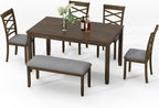 Zevemomo 6-Piece Solid Wood Dining Table Set, Includes 1 Dining Table, 4 Upholstered Chairs and 1 Bench, Wooden Legs Dining Table Set for Dining Room, Kitchen, Restaurant, Walnut