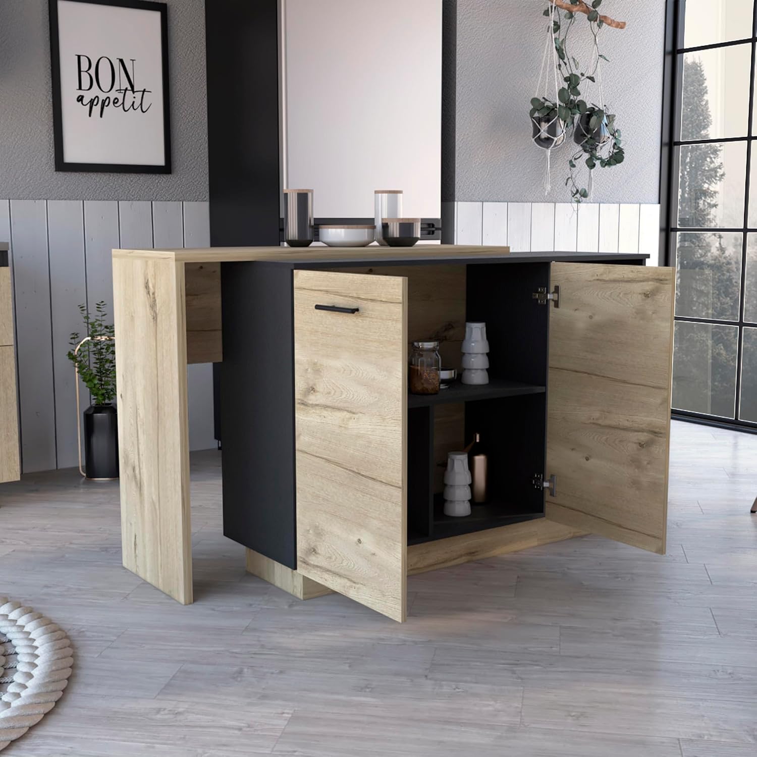 Kitchen Island Ohio - Modern Black and Light Oak Kitchen Island | Two open shelves and three interior shelves for storage and display