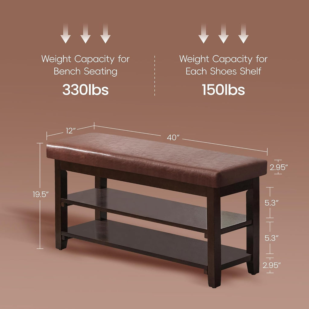 40" Shoe Bench with Leather Cushion, Upholstered Entryway Bench, Dark Brown | Mid Century Modern Shoe Rack, Solid Wood Frame, 2-Tier, End of Bed, Hallway, Mudroom, Bedroom