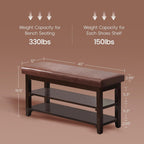 40" Shoe Bench with Leather Cushion, Upholstered Entryway Bench, Dark Brown | Mid Century Modern Shoe Rack, Solid Wood Frame, 2-Tier, End of Bed, Hallway, Mudroom, Bedroom