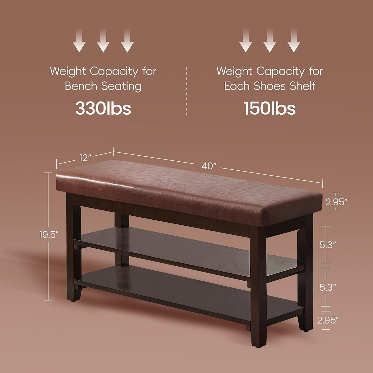 40" Shoe Bench with Leather Cushion, Upholstered Entryway Bench, Dark Brown | Mid Century Modern Shoe Rack, Solid Wood Frame, 2-Tier, End of Bed, Hallway, Mudroom, Bedroom