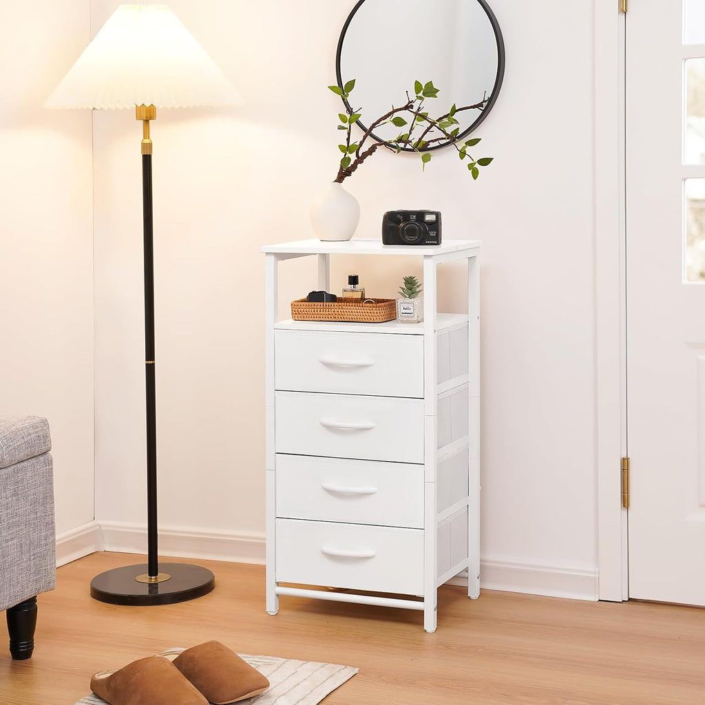 Yoobure Night Stand - LED White Nightstand with Charging Station, Bedside Table with 4 Storage Drawers and Storage Shelf, End Table with USB Ports and Outlets, Tall Nightstand for Bedroom
