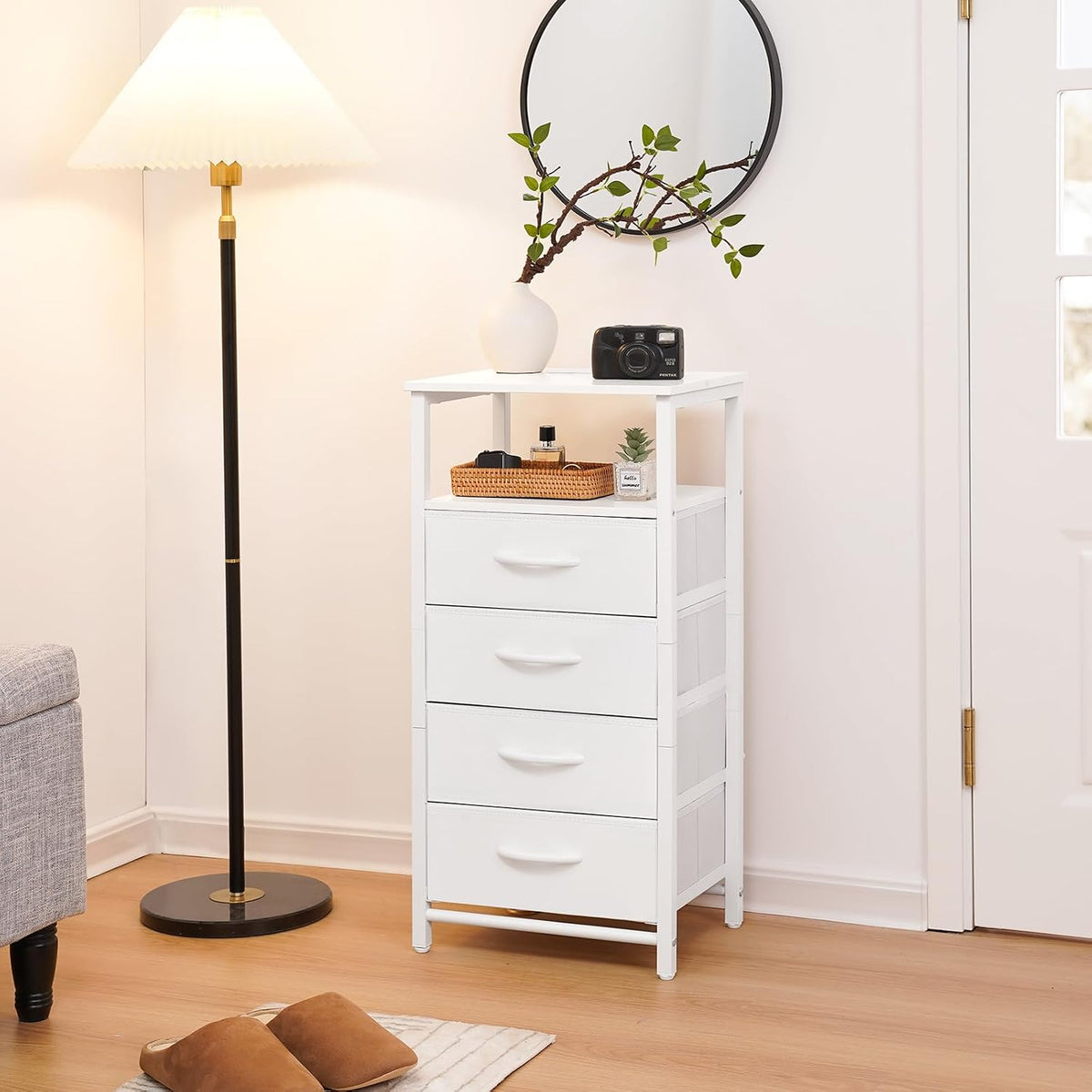 Yoobure Night Stand - LED White Nightstand with Charging Station, Bedside Table with 4 Storage Drawers and Storage Shelf, End Table with USB Ports and Outlets, Tall Nightstand for Bedroom