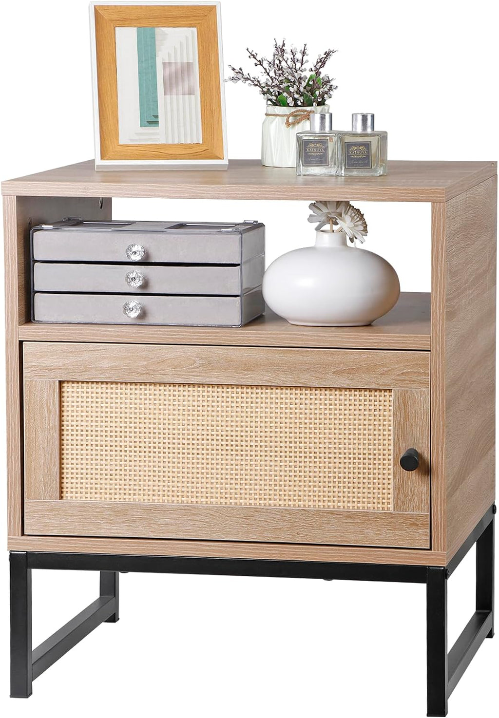 Nightstands End Table, PE Rattan Decor Drawer Opening Shelf, Set of 2 Bed Side Tables with Solid Steel Feet,for Bedroom Living Room Hallway, Natural