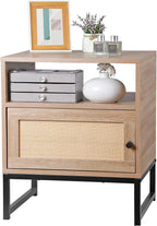 Nightstands End Table, PE Rattan Decor Drawer Opening Shelf, Set of 2 Bed Side Tables with Solid Steel Feet,for Bedroom Living Room Hallway, Natural