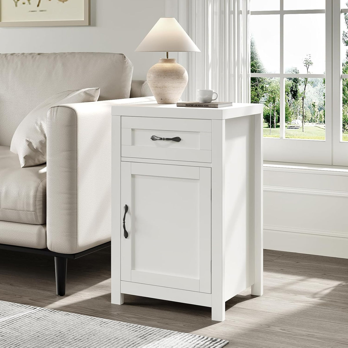 White Nightstand with Drawer, Farmhouse End Table with Storage Cabinet and Adjustable Shelf, 30" Tall Bedside Table Rustic Wood Sofa Side Table for Living Room, Bedroom