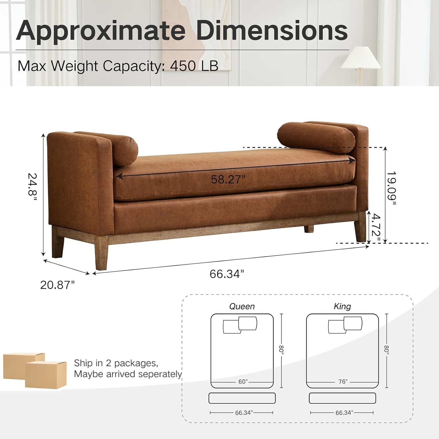 End of Bed Bench for Bedroom, 66.34'' Long King Size Vegan Leather Bench with Arms Upholstered Shoe Bench for Entryway, Hallway, Cloakroom, Window Bench (Brown PU).
