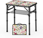 YihuiKo Small Camping Table, Vintage French Flowers Pattern Folding Table | Adjustable Height, Lightweight Portable Folding Table for Patio Living Room Travel Picnic, Carry Handle, Storage Net