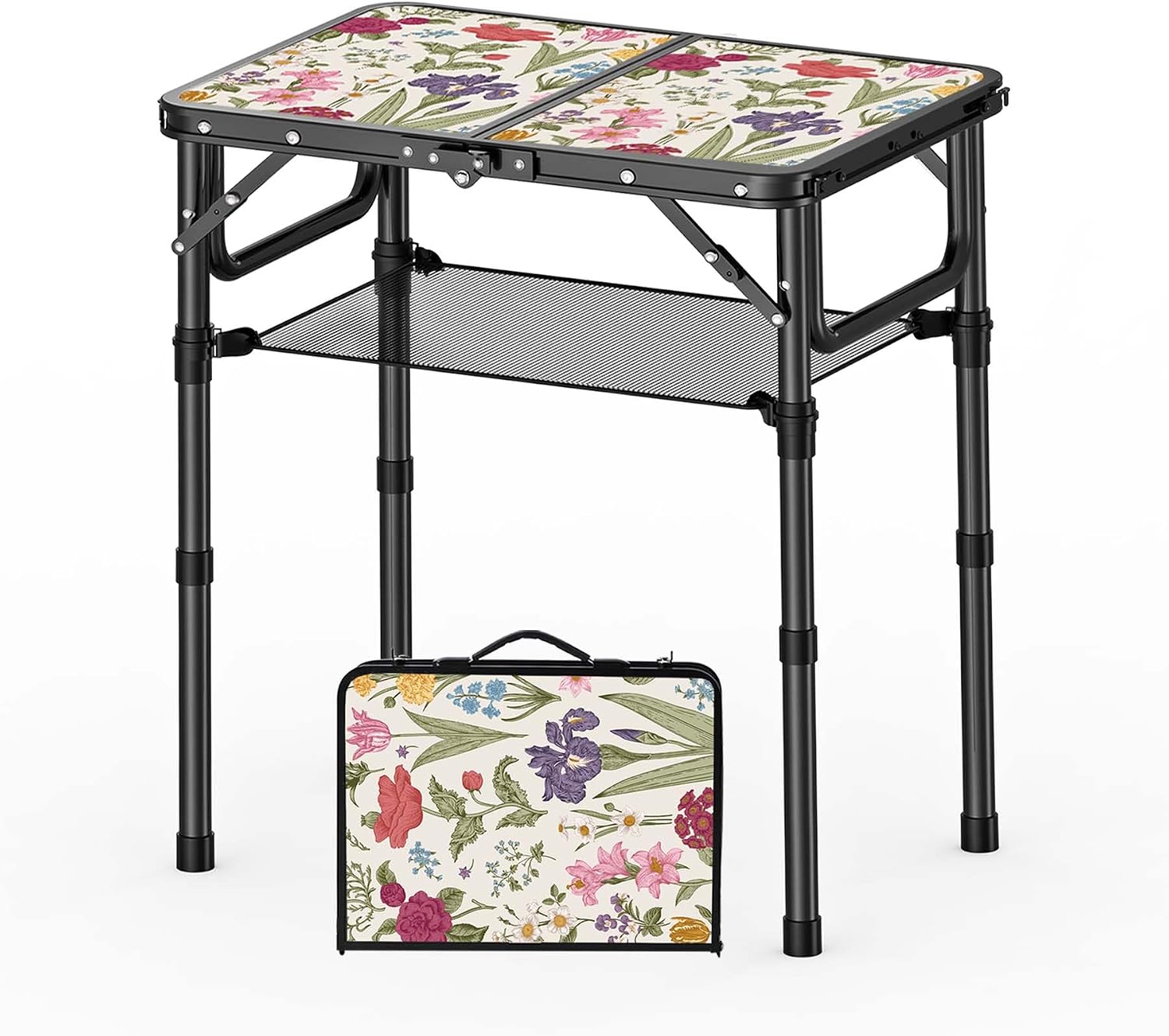YihuiKo Small Camping Table, Vintage French Flowers Pattern Folding Table | Adjustable Height, Lightweight Portable Folding Table for Patio Living Room Travel Picnic, Carry Handle, Storage Net