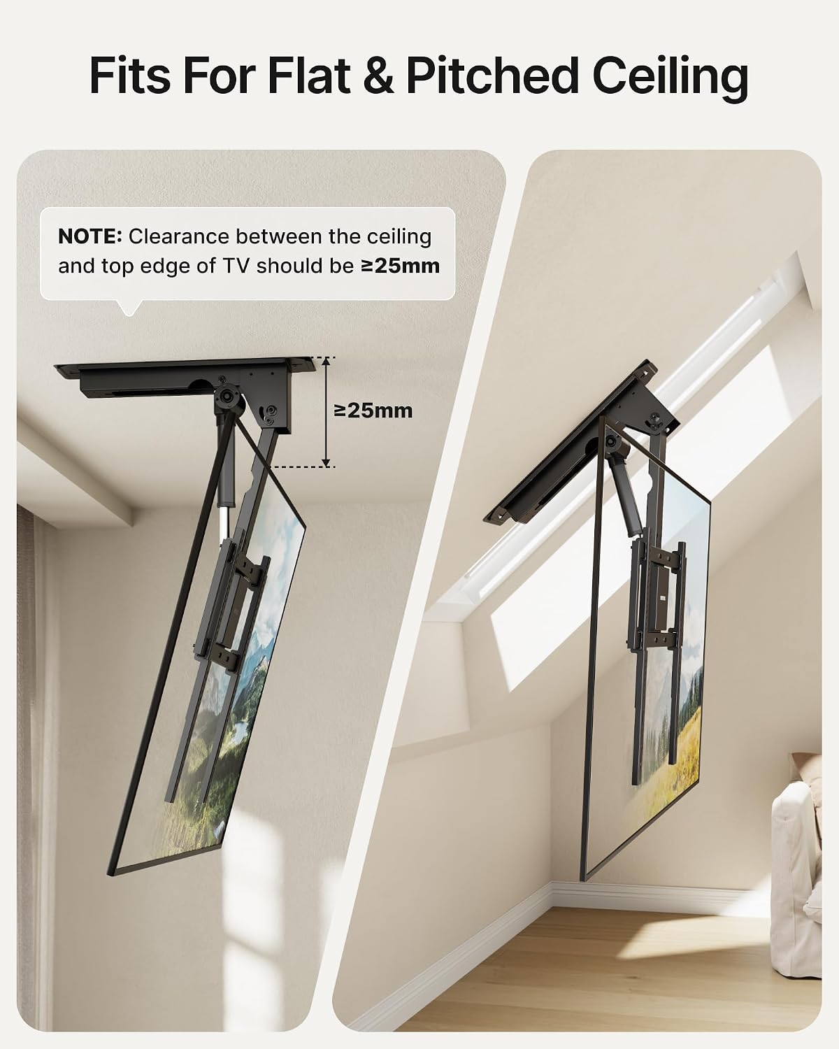 monTEK Motorized Ceiling TV Mount for 32-75 Inch TVs, Holds up to 121 lb | Lower VESA fit helps avoid ceiling contact; electric flip-down, remote/app/voice, max VESA 600x400 mm, flat/pitched ceilings