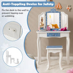 HONEY JOY Kids Vanity, Snowflake Themed Princess Makeup Vanity Set for Little Girls, Real Glass Tri-Folding Mirror, Bedroom Dressing Table & Chair Set, Wooden Girls Vanity Set w/Mirror and Stool(Blue)