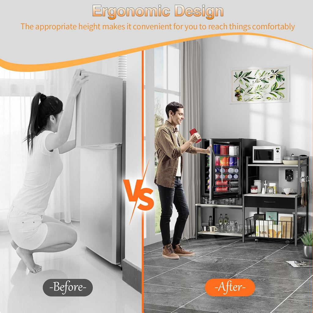 kepptory Mini Fridge Stand with Storage, Mini Refrigerator Stand with Power Outlet, Wine Fridge Table with Movable Storage Basket, Heavy Duty Beverage Refrigerator Table for Dorm Home Use, Gray
