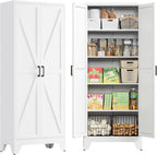 PEUKC 75" Farmhouse Metal Storage Cabinet with Doors and 4 Adjustable Shelves, Large Pantry Organizer for Kitchen, Dining Room, and Living Room,Assemble Require(White)