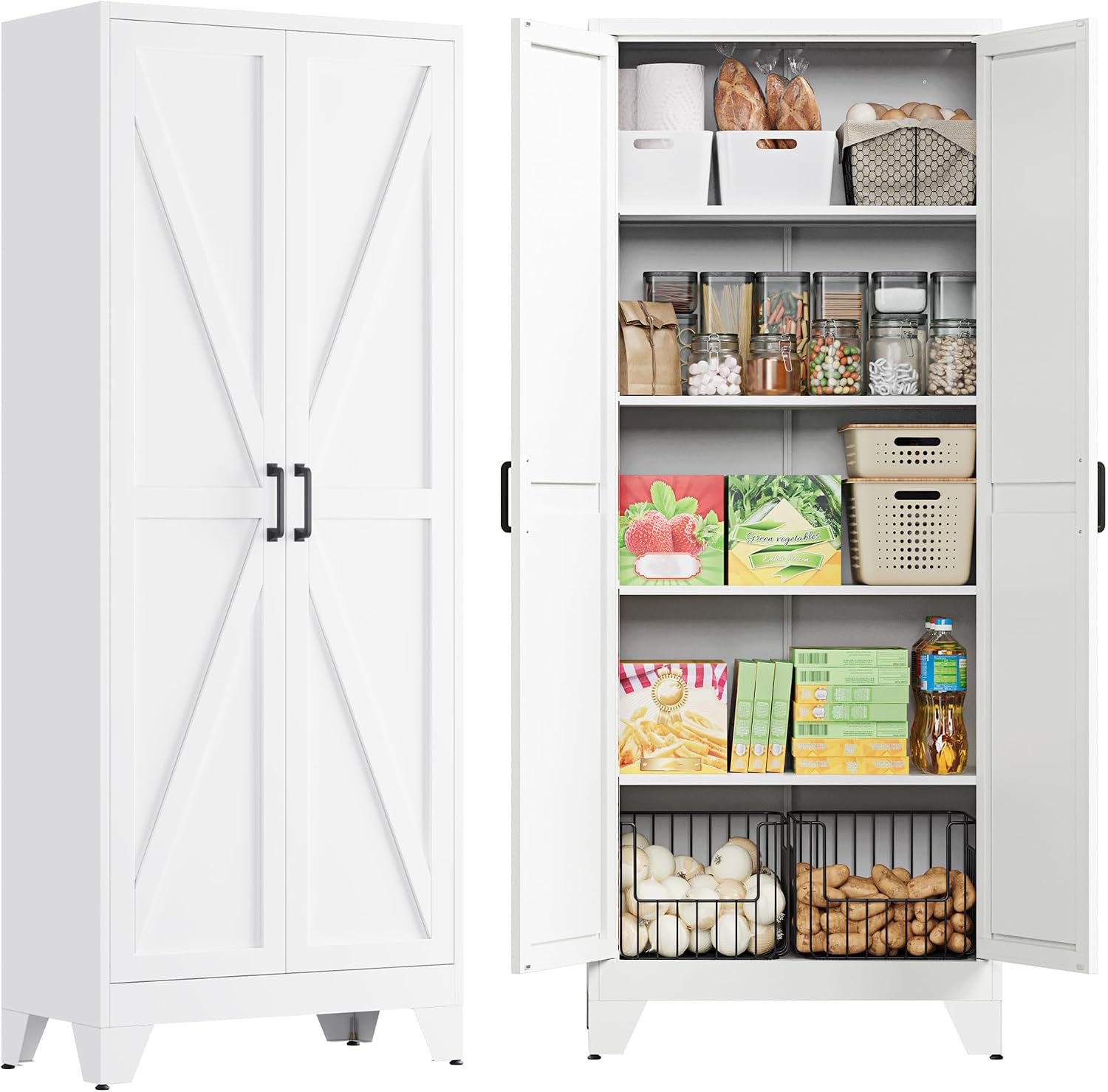 PEUKC 75" Farmhouse Metal Storage Cabinet with Doors and 4 Adjustable Shelves, Large Pantry Organizer for Kitchen, Dining Room, and Living Room,Assemble Require(White)