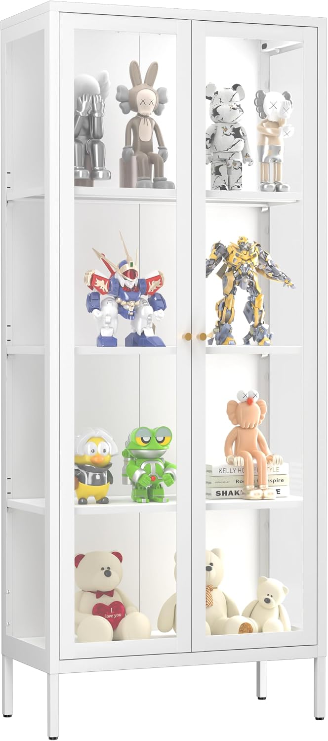 SteeLoong 66" Display Cabinet with Tempered Glass,Metal Curio Cabinet with Glass Doors,4-Tier Display Case for Collectibles,Trophy,Plant,White Storage Cabinets for Living Room - Assemble Required