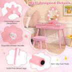 HONEY JOY Kids Vanity with Lights, Princess Wooden Makeup Table & Stool with Drawer, 3-Color LED Lights, Toddler Dressing Vanity for Little Girls, Pretend Play Kids Vanity Table and Chair Set (Pink)