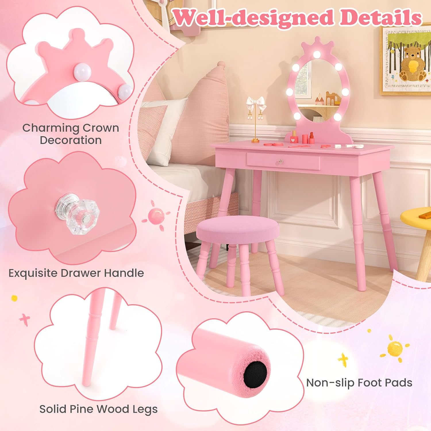 HONEY JOY Kids Vanity with Lights, Princess Wooden Makeup Table & Stool with Drawer, 3-Color LED Lights, Toddler Dressing Vanity for Little Girls, Pretend Play Kids Vanity Table and Chair Set (Pink)