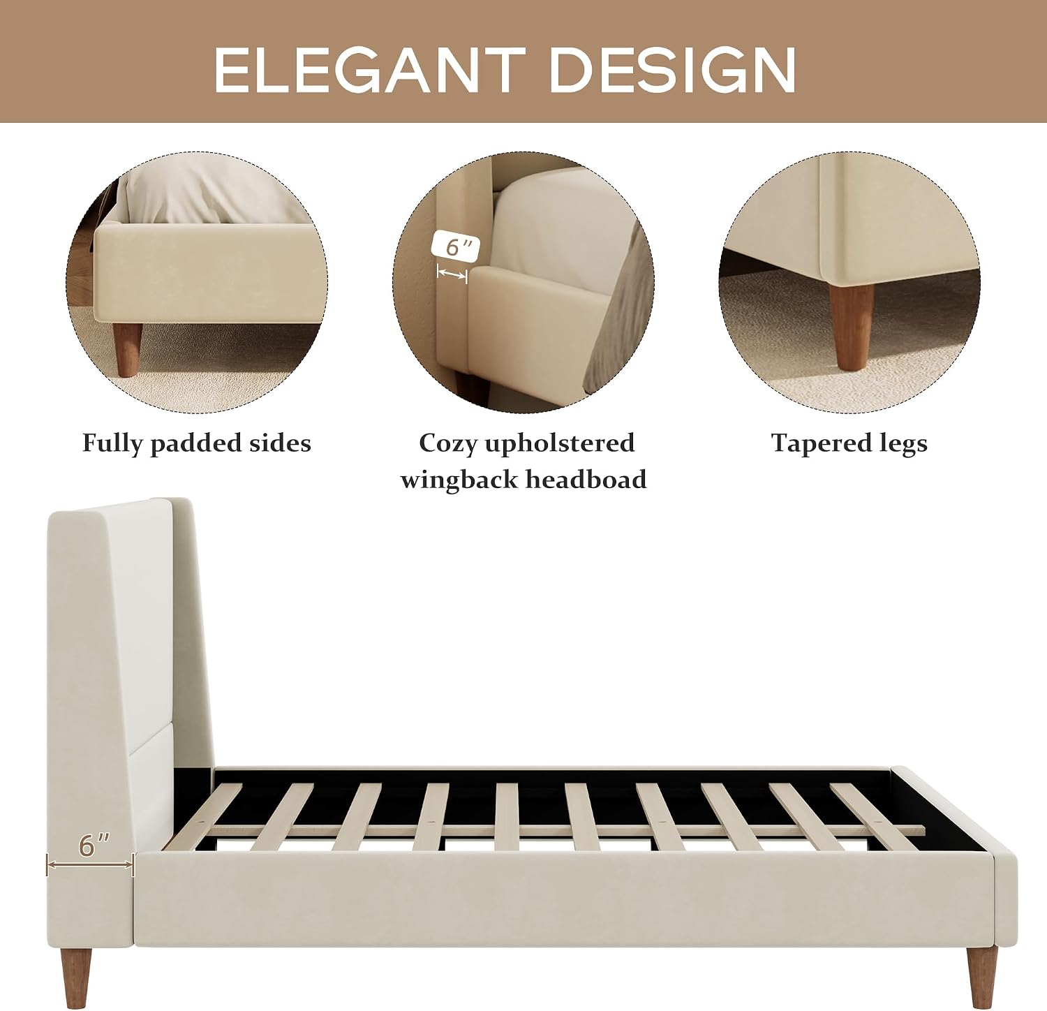 Merax King Size Velvet Bed Frame with Wingback Headboard, Upholstered Platform Bedframe with Solid Wooden Leg, Wood Slats for Bedroom, No Box Spring Needed, Easy Assembly, Modern Luxury Style, Beige