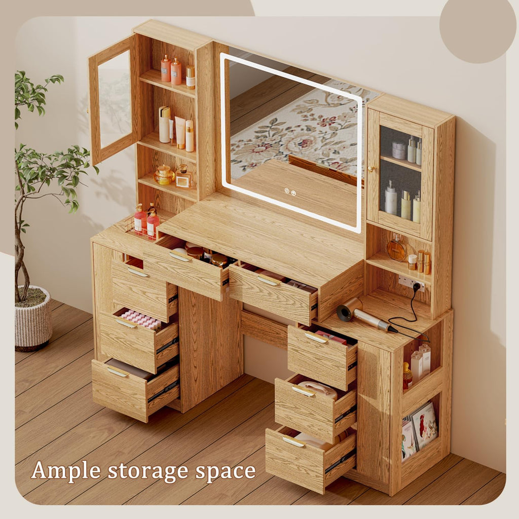 Chrangmay 55.4" Big Modern Vanity Desk with Mirror and Lights,Makeup Vanity Desk with 8 Drawers and Storage Shelves & Power Outlet,RBP Glass Cabinets, Oak