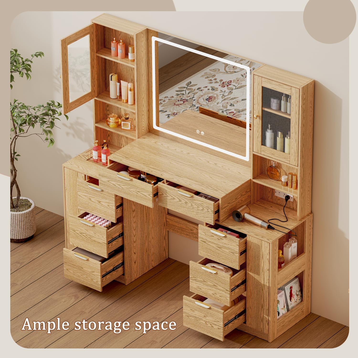 Chrangmay 55.4" Big Modern Vanity Desk with Mirror and Lights,Makeup Vanity Desk with 8 Drawers and Storage Shelves & Power Outlet,RBP Glass Cabinets, Oak