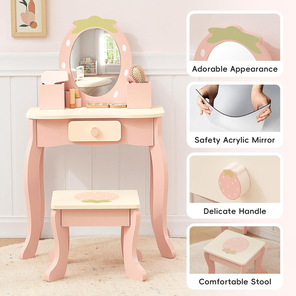 OOOK Toddler Vanity for 3 Year Old with 10pcs Pretend Makeup Accessories | FSC Safety, Kids Vanity and Makeup Table for Kids with Drawer, Pink Strawberry-Themed, Ideal Gift Choice for Girls Aged 3+
