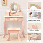 OOOK Toddler Vanity for 3 Year Old with 10pcs Pretend Makeup Accessories | FSC Safety, Kids Vanity and Makeup Table for Kids with Drawer, Pink Strawberry-Themed, Ideal Gift Choice for Girls Aged 3+