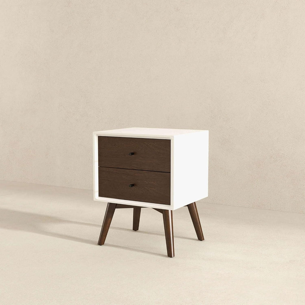 Mid Century Modern Style 2-Drawer White Night Stand Solid Wood 23.6" H,for Small Spaces