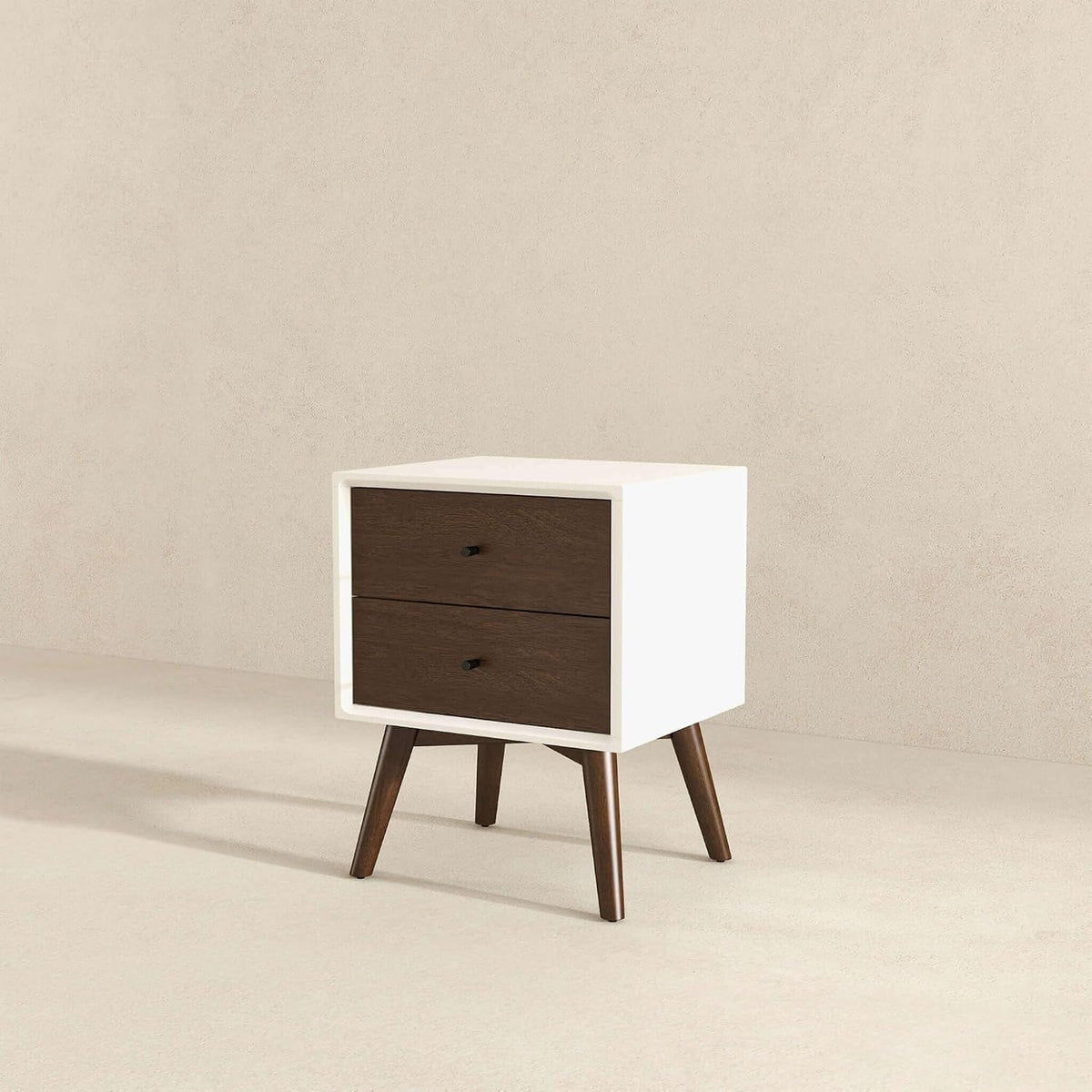 Mid Century Modern Style 2-Drawer White Night Stand Solid Wood 23.6" H,for Small Spaces