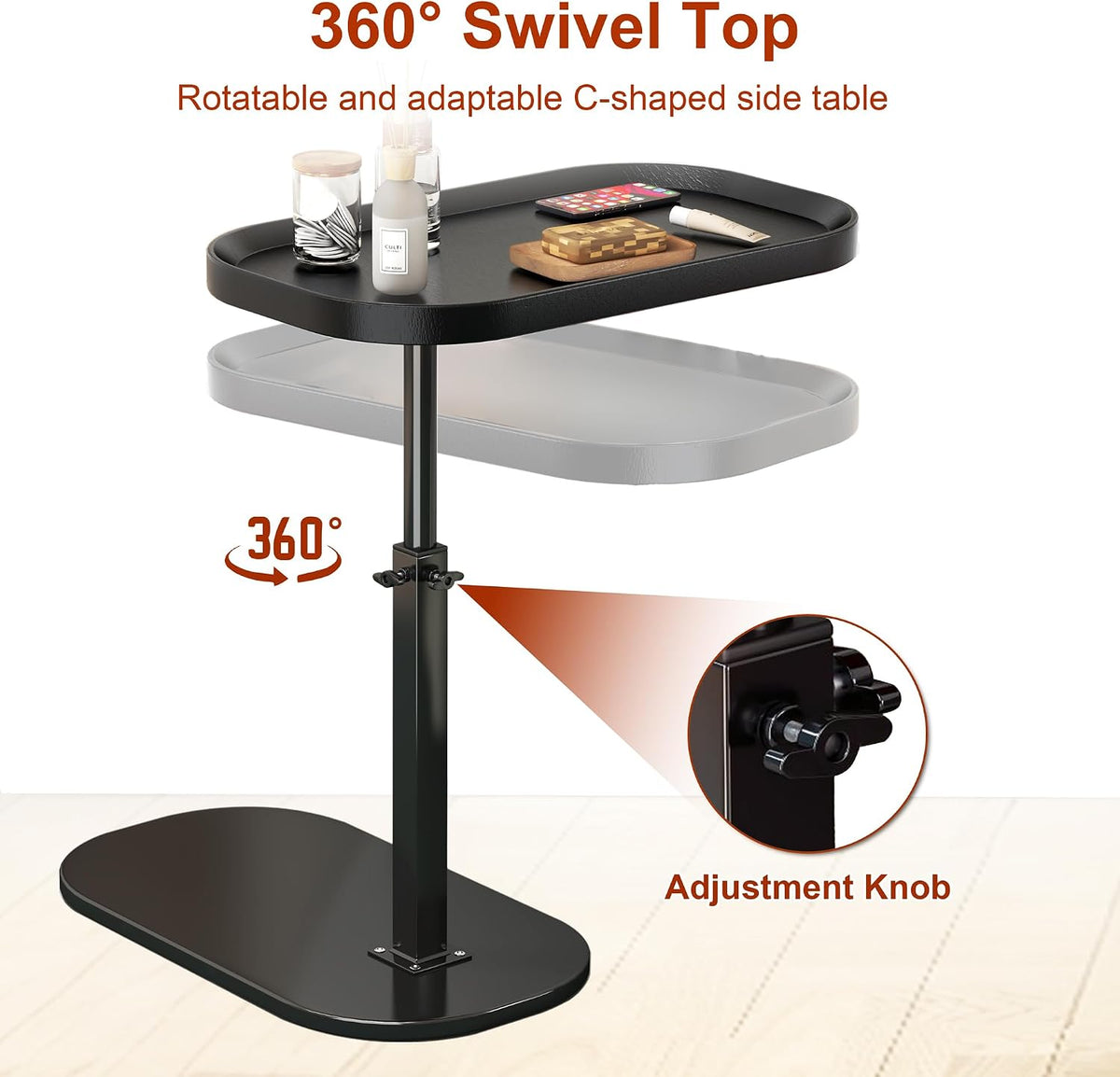 C Shaped Side Table Adjustable Height, 360° Swivel Couch End Table That Slide Under, Small C Shaped End Table for Sofa/Bed/Bathtub, Coffee TV Dinner Tray for Living Room, Bedroom, Bedside (Walnut)