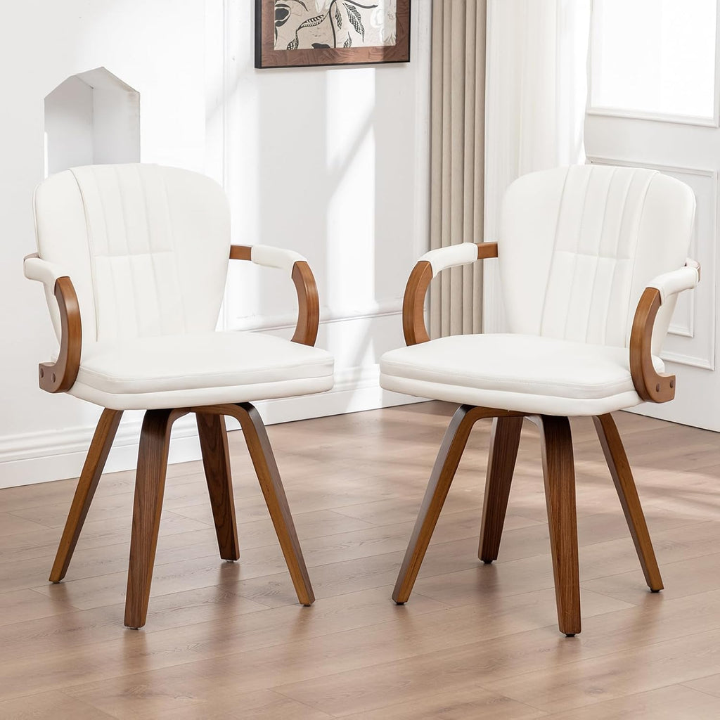 Swivel Dining Chairs Set of 4 Mid Century Modern White Faux Leather Upholstered Kitchen Chairs with Bentwood Frame Armrests Side Chairs,Comfortable Ergonomic Wood Accent Chair No Wheels